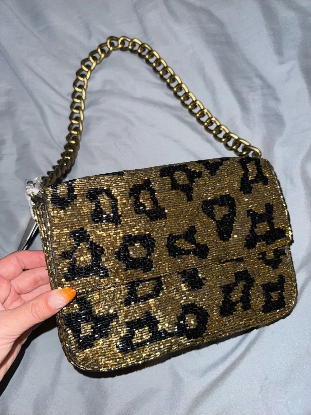 Beaded Cheetah Gold Chain Shoulder Bag Handmade in India New with Tags